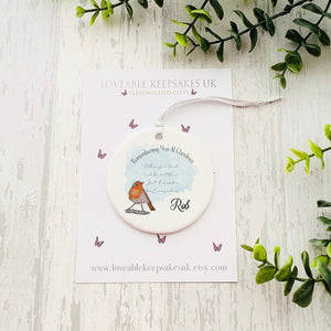 Personalised Robin Remembering You At Christmas Bauble, Tree Decoration, Keepsake Gift, Memorial Bauble, Christmas Ornament