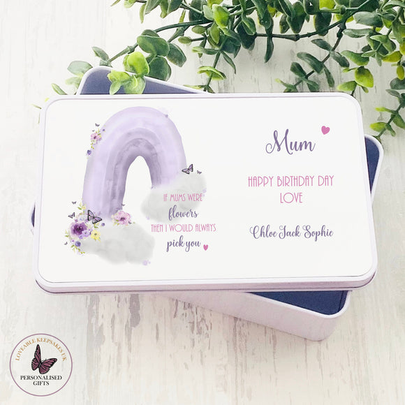 Personalised Keepsake Tin, Flowers Butterflies Rainbow Gifts, Gift For Mum Mam Grandma Nana, White Storage Box, Birthday Gift