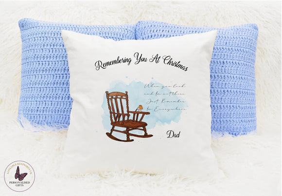Personalised Remembering You At Christmas Cushion, Blue Robin Rocking Chair, Memorial Gift, Keepsake Cushion, In Loving Memory