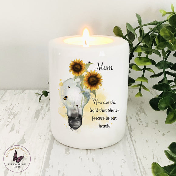 Personalised Tea Light Holder, Forever In Our Hearts, Remembrance Memorial Condolence Gift, In Loving Memory, Sunflower Candle