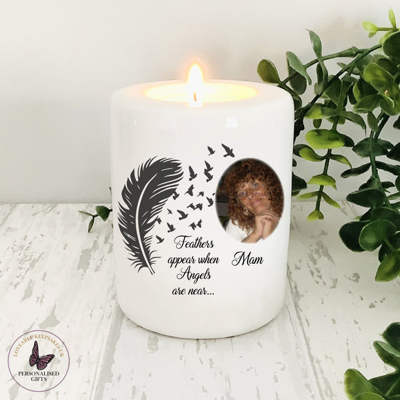 Personalised Photo Remembrance Candle, Memorial Gift, Feathers Appear When Angels Are Near, Tea light Holder, In Loving Memory