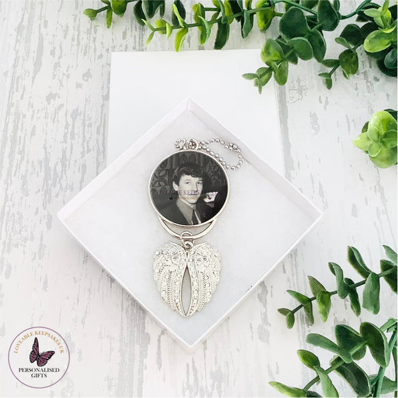 Personalised Angel Wings Ornament, Angel Wings Car Mirror Hanger, Photo Memorial, Remembrance Gift, Photo Charm