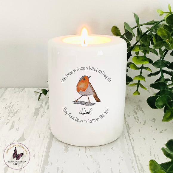 Personalised Remembrance Candle, Candle Holder, Tea light Holder, In Loving Memory Gifts, Christmas In Heaven, Red Robbin