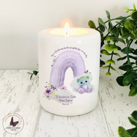 Personalised Remembrance Candle, Candle Holder, Tea light Holder, In Loving Memory Gifts, Lilac Rainbow, Rainbow Baby