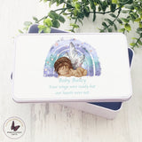 Personalised Angel Baby Box, Rainbow Gift, Memorial Condolence Gifts, White Rectangular Tin, Baby Loss Keepsake