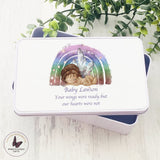 Personalised Angel Baby Box, Rainbow Gift, Memorial Condolence Gifts, White Rectangular Tin, Baby Loss Keepsake