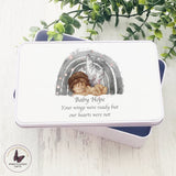 Personalised Angel Baby Box, Rainbow Gift, Memorial Condolence Gifts, White Rectangular Tin, Baby Loss Keepsake