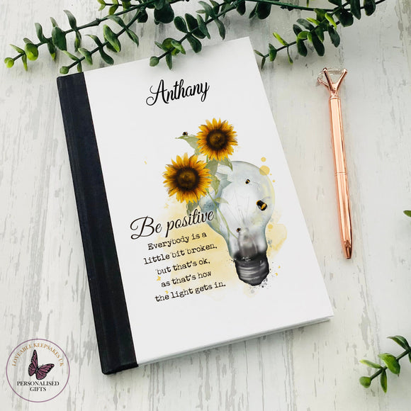 Personalised Positive Notebook, Sunflower Bee Lightbulb, Sayings Gifts, Male Positive Gift, Self Care Journal
