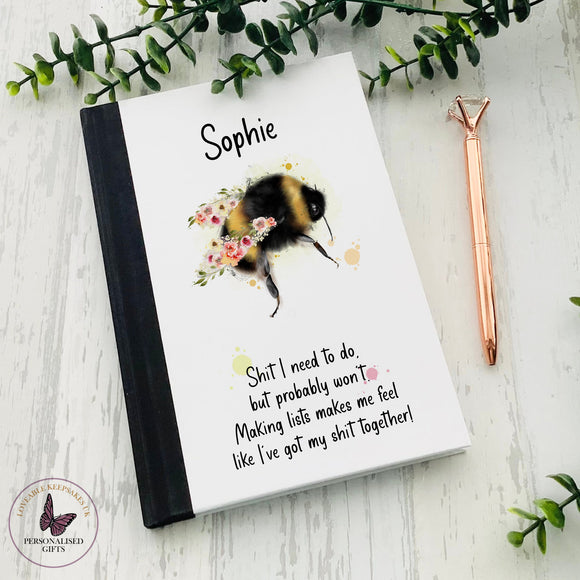 Personalised Floral Bee Notebook, Shit I Need To Do But Probably Won’t, Swearing Book, Gift For Her, Bee Journal, Birthday Gifts