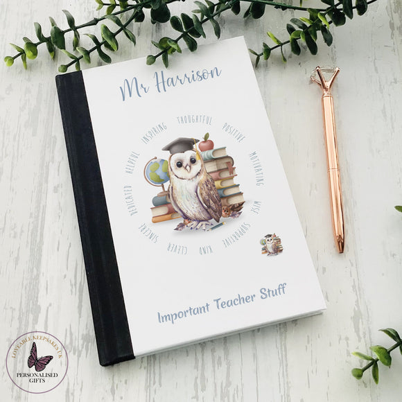Personalised Teacher Owl Notebook, University Gift, End Of Term Gifts,  Leaving Gift, Personalised Journal