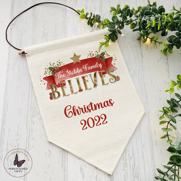 Personalised Christmas Pennant, Christmas 2022 Sign, Believe Banner, Christmas Decoration For Family, Christmas Door Hanger