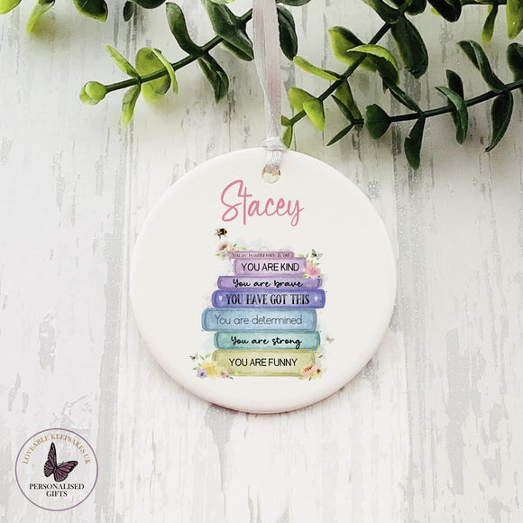 Positive Affirmations Bauble, Best Friend Gift, Rainbow Book Stack, Self Care Gift For Her, Personalised Hanging Decoration