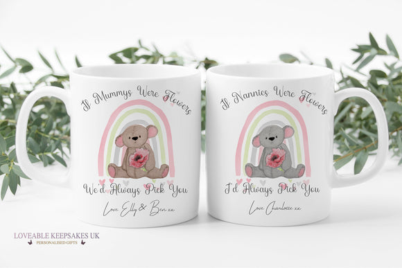 Personalised White Mug, Brown Grey Teddy Bear And Rainbow, If Mums Were Flowers Gift, White Ceramic Mug, Birthday Gift For Nanna