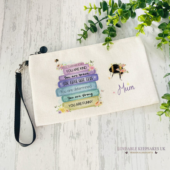 Personalised Linen Make Up Bag With Strap, Positive Affirmations Gift, Document Wallet, Rainbow Book Stack, Motivational Gift For Her