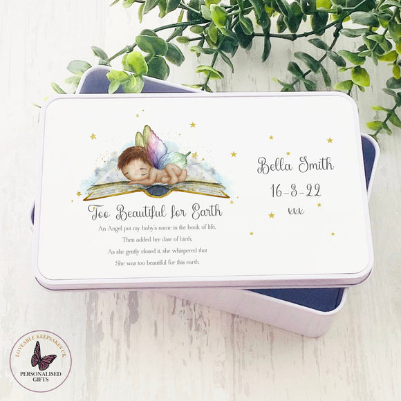 Personalised Baby loss Tin, Angel Wings Rainbow Baby Book Poem, Gift For Her, Too Beautiful For Earth, Memorial Gift For Mum, Keepsake Box