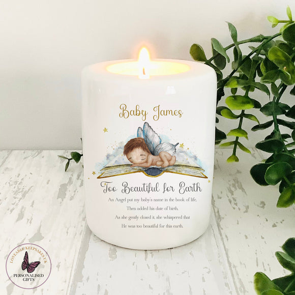Personalised Baby loss Candle, Angel Wings Rainbow Baby Book Poem, Tea light Candle Holder, Too Beautiful For Earth, Memorial Gift For Mum